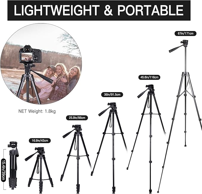 Camera Tripod for Canon Nikon Sony, LINKCOOL 67 Inch Lightweight DSLR Tripod Camera Stand with Detachable 3 Way Pan Head, Remote & Universal Phone Mount