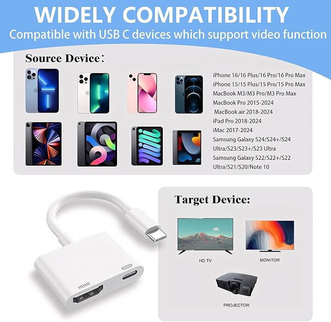 USB C to HDMI for TV, 4K@60Hz Type C to HDMI Adapter with Charging Port, iPhone to Hdmi to USB C Adapter Compatible for iPhone 16/15 Series/iPad Pro/Galaxy/MacBook Pro to HDTV Projector