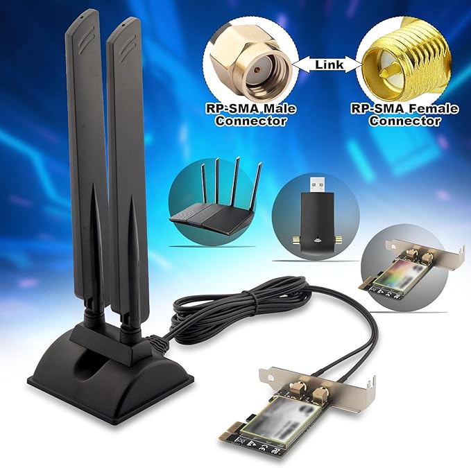 WiFi 6E Antenna Tri-Band 6GHz 5GHz 2.4GHz RP-SMA WiFi Antenna Magnet Mount Base for PC Desktop Computer Motherboard WiFi Bluetooth Card Wireless Router