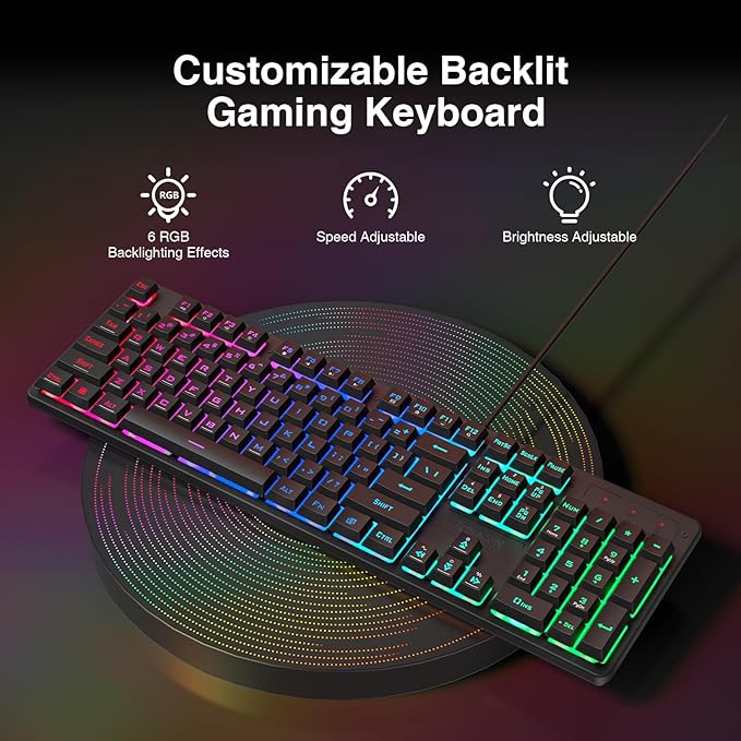 Redragon S107 Gaming Keyboard and Mouse, RGB Gaming Keyboard and 3200 DPI Mouse Combo with Large Mouse Pad, 25-Key Anti-Ghosting, Mechanical Feeling Keyboard, Plug & Play to PC, Laptop