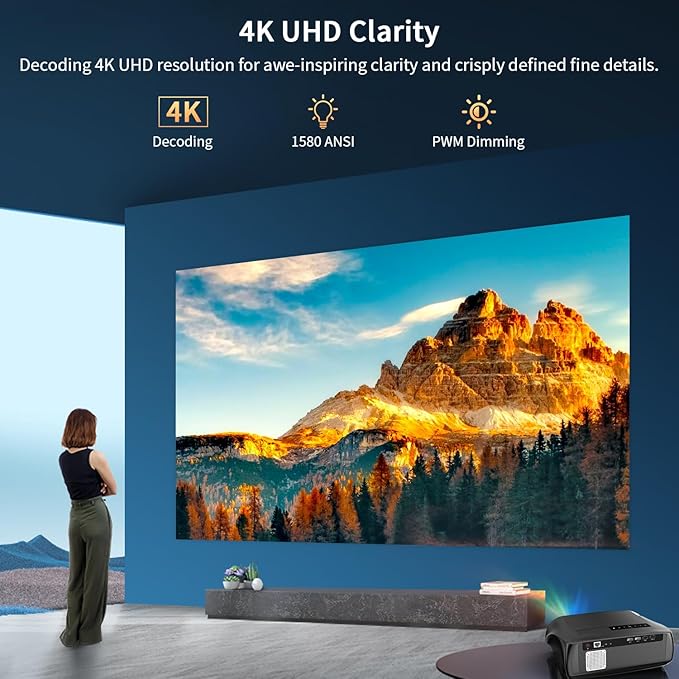 2025 Smart 4K Projector for Daylight Viewing | 1580ANSI Lumens, Android TV & WiFi 6 | 300" Home Theater & Outdoor Movie, DSP Audio & Bluetooth 5.2, HDMI , USB, Focus & Keystone, Rear Ceiling Mounted