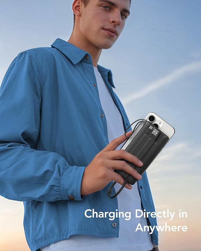 VRURC Portable Charger with Built in Cables, Slim Power Bank 10000mAh, USB C Battery Pack Travel Essential, 5 Outputs 2 Inputs Phone Charging Bank for iPhone 16 15 14 13,Samsung,Android-Black(1 Pack)