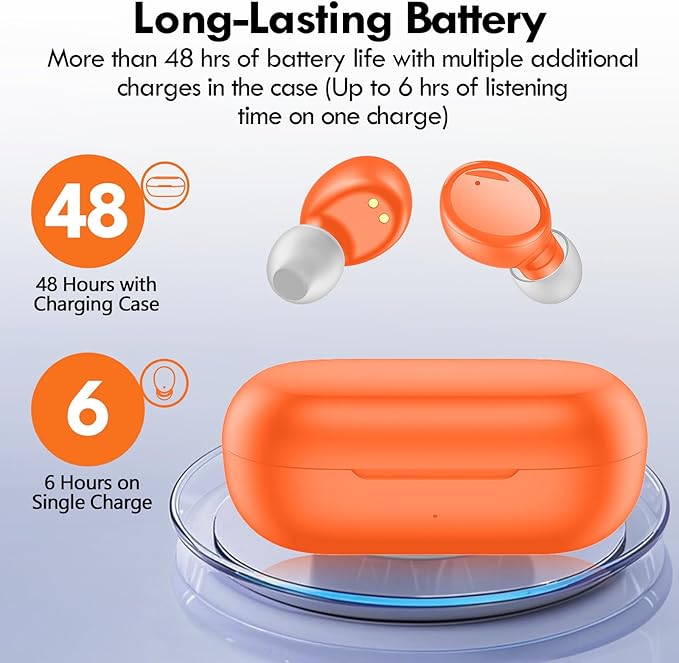 Lanteso True Wireless Bluetooth 5.3 Earbuds, 48H Playtime,Light Weight Headphones in Ear Buds Built in Mic Headset Premium Sound with Deep Bass,Clear Calls Earphones for Sports Workout Orange