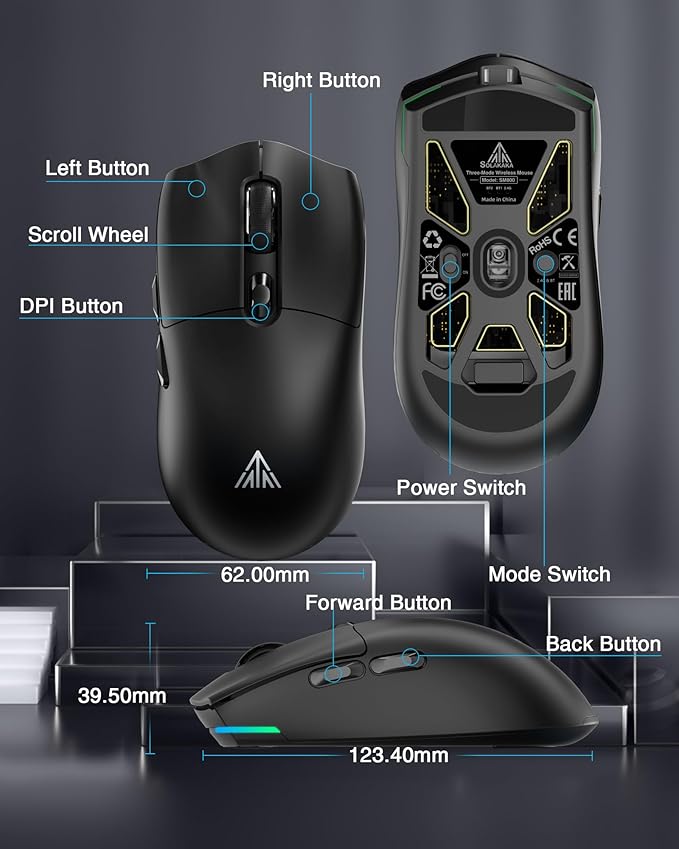 Wireless Gaming Mouse, 26,000 DPI,58g Ultra-Lightweight Tri Mode Type-C Wired/BT/2.4GHz Wireless Mouse,Programmable Buttons,Compatible with PC/Mac/Laptop,Black