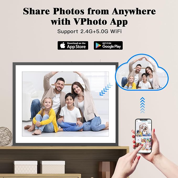 17" Large-Digital-Picture-Frame WiFi Photo Frame - 1280*960 FHD Touchscreen Digital Frame, Full Function, Auto Rotate, Wall Mounted, Free Cloud, Sharing Phoro and Video via App Email, Gift for Mother