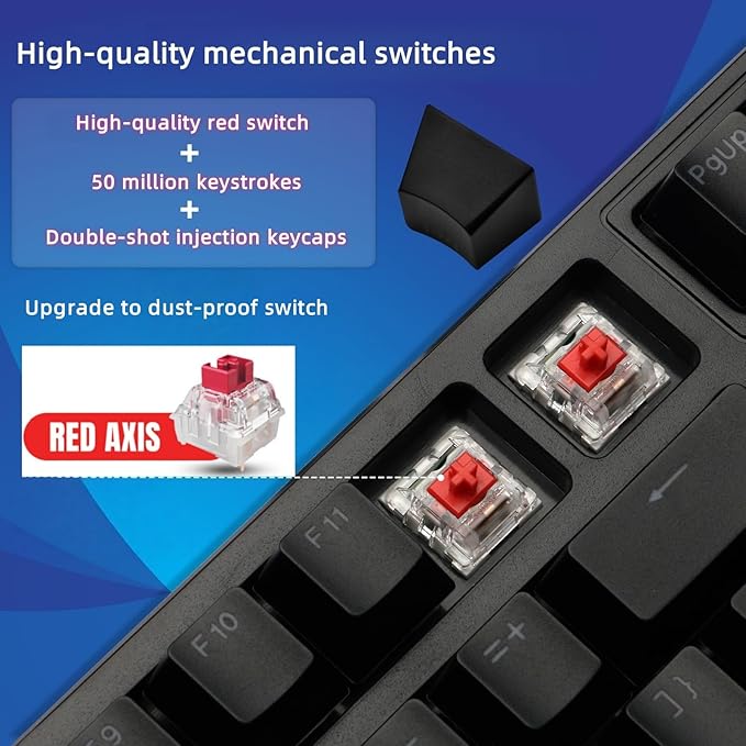 Mechanical Gaming Keyboard with Red Switches:98 Keys with Backlit, Black, Fine-Tune Audio or Brightness Using The Dual-Function knob,17 Lighting Modes,Anti-Ghosting, Wired USB for PC Mac Gaming