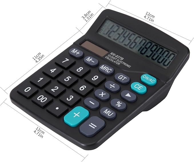 Desk Calculator 12 Digit Office Calculators with Large Screen Display, Dual Solar Power and Battery, Recessed Big Button Calculator for Office Home School (Black)