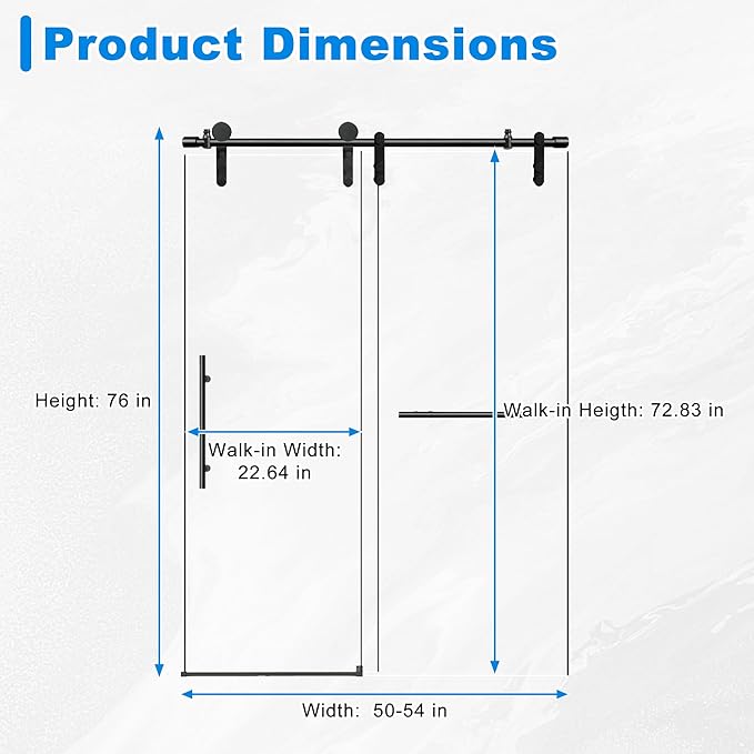 50-54" W x 76" H Frameless Shower Door Bathroom Sliding Shower Door 5/16"(8mm) Thick Tempered Glass Shower Door with Double Stainless Steel Handles for Walk-in Shower, Matte Black