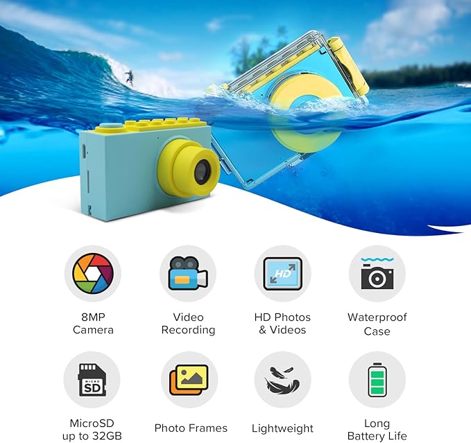 myFirst Camera 2 - Kids Action and Underwater Camera, 8MP 1080P HD Video, Webcam, for Toddler, Tripod Mount, MicroSD Card, Neck Lanyard, Christmas or Birthday Gift for Kids 3-12 (Blue)