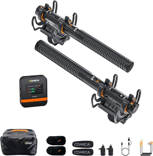 COMICA VM40 Combo Dual-Channel Wireless Shotgun Microphone, Professional Super Cardioid Video Mic, 32GB Storage, Safety Mode, Audio APP, Wireless Camera Mic for Filmmaking, Vlog, YouTube