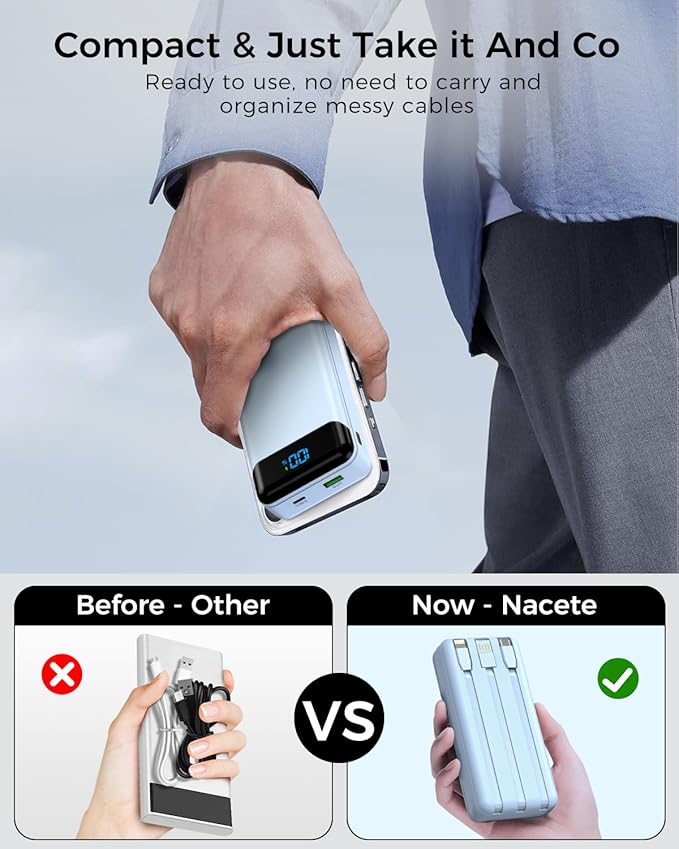 Portable Charger 40000mAh Power Bank Built-in Cable Battery Pack, PD 22.5W Fast Charging Portable Phone Charger 4 Output 3 Input, Compatible with iPhone 16 15 14 13 Samsung Google iPad (Blue)