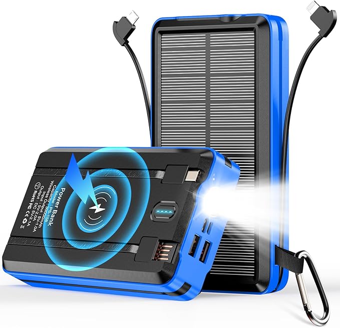 Solar Power Bank Portable Charger Lithium Ion Polymer Battery 52800mAh 5V/3A Fast Charging Battery Pack with Built in 4 Cables 2 Outputs & LED Flashlight for All Mobile Devices Camping Traver Outdoor