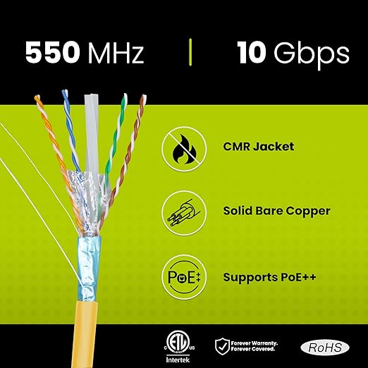 TRUE CABLE Cat6 Shielded Riser (CMR) Bulk Ethernet Cable, 1000ft, Yellow, 23AWG Solid Bare Copper, 550MHz, Overall Aluminum Foil Shield (F/UTP), PoE++ 100W, ETL Listed
