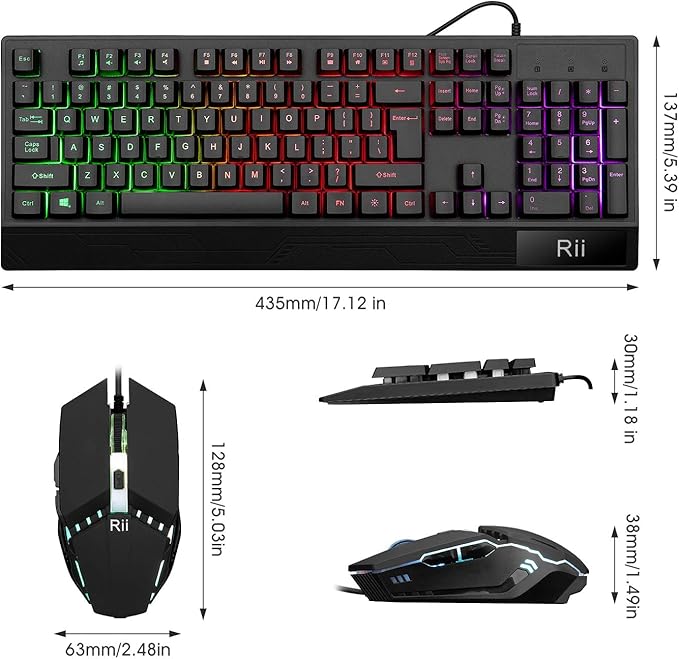 Rii Gaming Keyboard and Mouse Combo,USB Wired,104 Keys RGB LED Backlit Keyboard with Wrist Rest for PC/Laptop (Black)