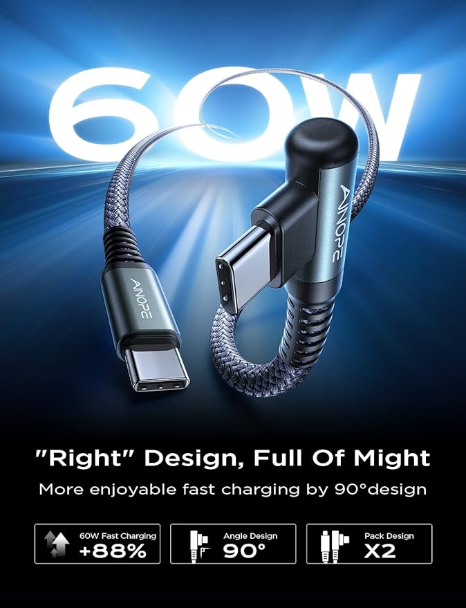 AINOPE USB C Cable 60W 4-Pack 3.3FT+3.3FT+6.6FT+10FT Nylon Braided USB C to USB C Cable Type C Charger Fast Charging Right Angle USBC Cable Charger Cord for iPhone 16 Pro Max 15 Plus Samsung S24 Grey
