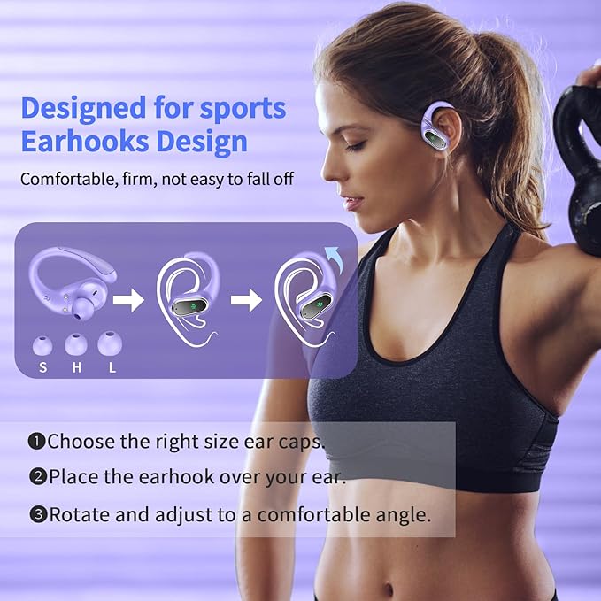 Wireless Earbuds, 2025 Bluetooth 5.4 Headphones Sport, Bluetooth Earbuds with ENC Noise Canceling Mic, 50H Stereo Wireless Headphones IP7 Waterproof with Earhooks, Dual LED Display for Workout/Running