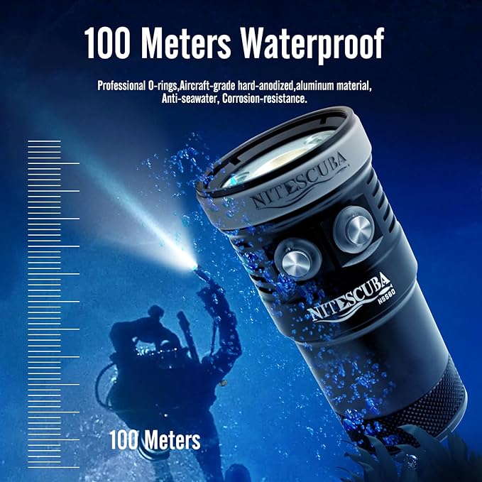 NSS60 Scuba Diving Light Underwater Video Light 6000 Lumen Waterproof Flashlight for 100m/330ft CRI=90 Underwater Photography,which Connected to Filters or Optical Snoot