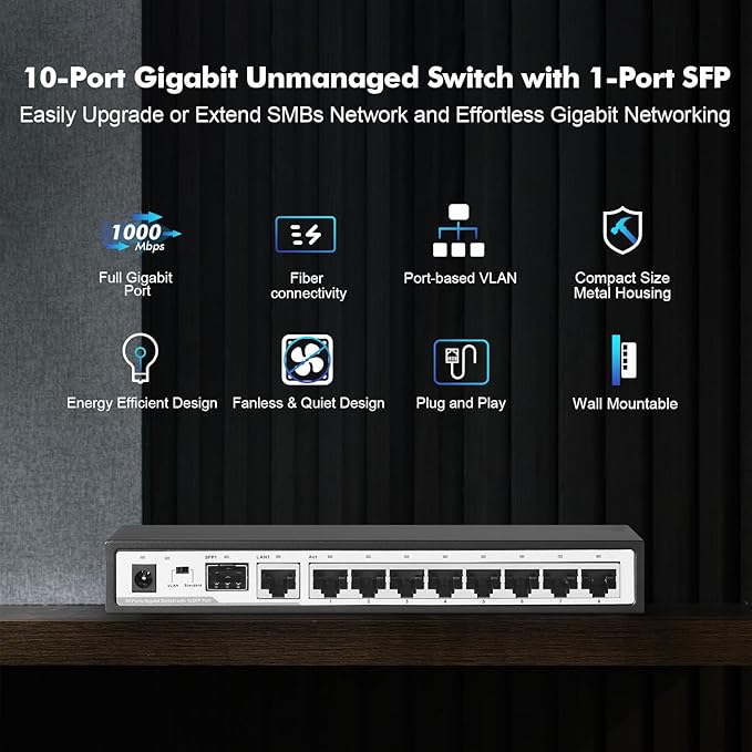 10 Port Gigabit Switch, 8 x 100/1000Mbps Ports, 1 Gigabit Uplink, 1 Gigabit SFP, Support Vlan, Metal Fanless Unmanaged Plug and Play YuLinca Ethernet Switch