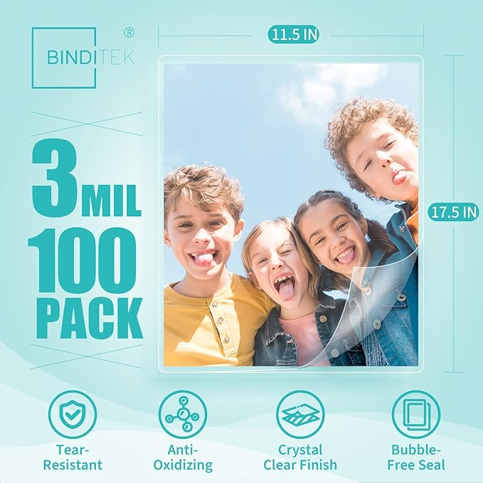 Binditek 100 Pack 3 Mil Thermal Laminating Pouches, 11.5x17.5 Inches Laminating Sheets, for Tabloid Size, Ultra Clear, Glossy, Hold 11x17 Inches, Heat Seal, School Office Supplies