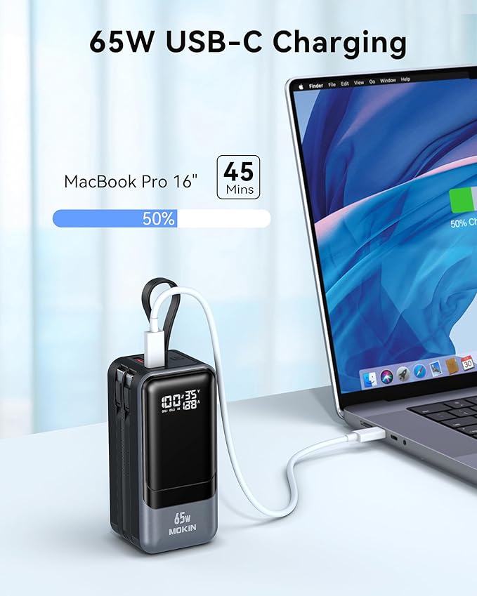 Portable Charger, 65W Power Bank Fast Charging, USB C Battery Pack with Built in Cable, 4 Outputs Powerbank, Travel Essentials Compatible with iPhone 17 16 15 14 13 iPad MacBook Pro Samsung Dell XPS