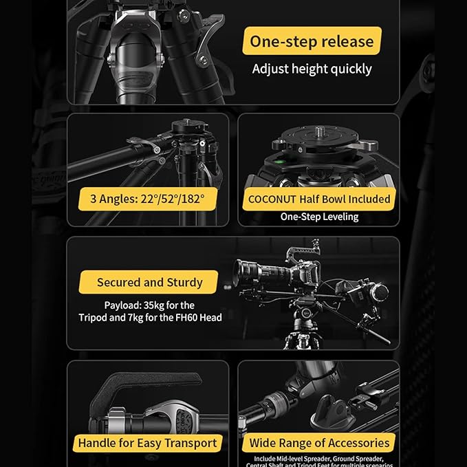 YC Onion PINETA Peak Carbon Fiber Tripod with Coconut 75mm Bowl Head, 35kg/77lbs Payload with Bowl Head, Adjustable Legs, One Step Release Travel Camera Tripod for Mirrorless, DSLR