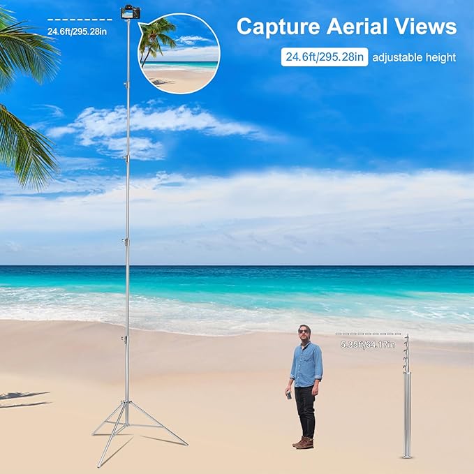 Camera Tripod - 24ft Tall Heavy Duty Professional Stainless Steel Telescoping Tripod with Spring Loaded Design, 1/4" and 3/8" Universal Screw for Action Cameras/Outdoor Shooting/Hunting