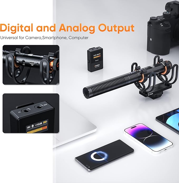 COMICA VM30 Shotgun Microphone, with Wireless Modes, USB C Digital Output, 75/150Hz, Super-Cardioid Universal Camera Microphone for Filmmakers, Vloggers - Wireless Mic for Camera, Smartphone, and PC