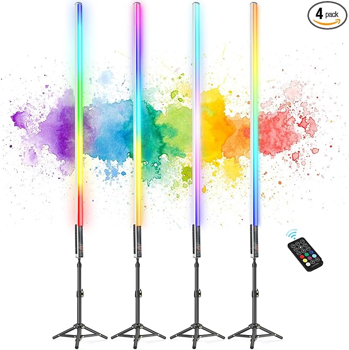 4 Pack 4ft Portable Battery Powered Tube Light 120cm Handheld LED RGB Lights Tube with Tripods, 500 Vivid Effects for Video and Photography,Light Painting,YouTube,Video and Dance Club