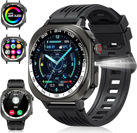 Smart Watch, 2025 AMOLED 3D 1.43" Smartwatch for Men Women (Answer/Make Call), 60 Days/Flashlight/130+ Sports, Heart Rate/Sleep Monitor, IP68 Waterproof Fitness Activity Tracker Android iOS