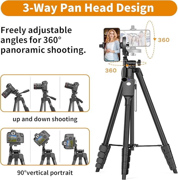 XXZU Tripod, 67" Camera Tripod with Travel Bag, Cell Phone Tripod with Remote, Aluminum Portable Tripod Stand with Phone Tripod Mount & 1/4”Screw, for Phone/Camera/Projector/DSLR/SLR