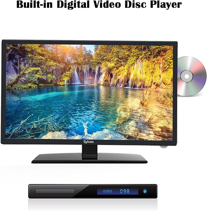 SYLVOX 24'' TV 12/24 Volt TV 1080P FHD, with Digital Video Disc Player FM Radio Base and Digital Noise Reduction, Suitable for RV Camper Kitchen Bedroom Boat