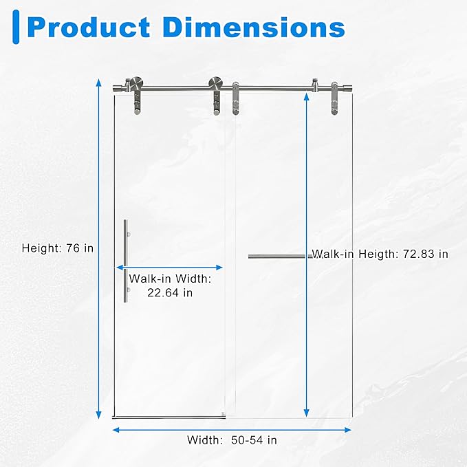 50-54" W x 76" H Frameless Shower Door Bathroom Sliding Shower Door 5/16"(8mm) Thick Tempered Glass Shower Door with Double Stainless Steel Handles for Walk-in Shower, Brushed Silver