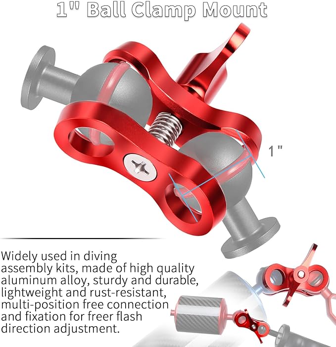 2-Hole 1" Aluminum Underwater Camera Clamp Ball Mount (2-Pack) - Underwater Bracket for Diving Light Arms & Camera Trays, Saltwater-Resistant Adapter for Scuba Photography/Videography Gear