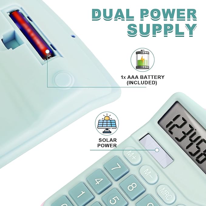 Basic Calculator with Comfortable Large LCD Display, 12 Digits Calculators Desktop, Tilt Screen, Big Button, Desk Calculator with Dual Power (Solar & Battery Included) (Blue)