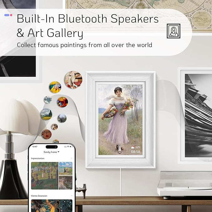 NexFoto Touchscreen Digital Picture Frame 10.1 Inch, WiFi Photo Frame Electronic 64GB, Add Photos from Google Photos, Easy to Share Videos via App/USB/Micro SD, for Mom/Birthday, White Wood