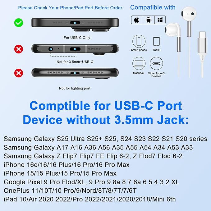 Type C Headphones Wired Earbuds Ear Buds for iPhone 17 Pro Max Air 16 Pro Max 16e 16 Plus/Pro 15 Plus/Pro USB C In-Ear Headphones Wired USBC iPhone 17 Earbuds Earphones Headsets with Microphone,2 Pack