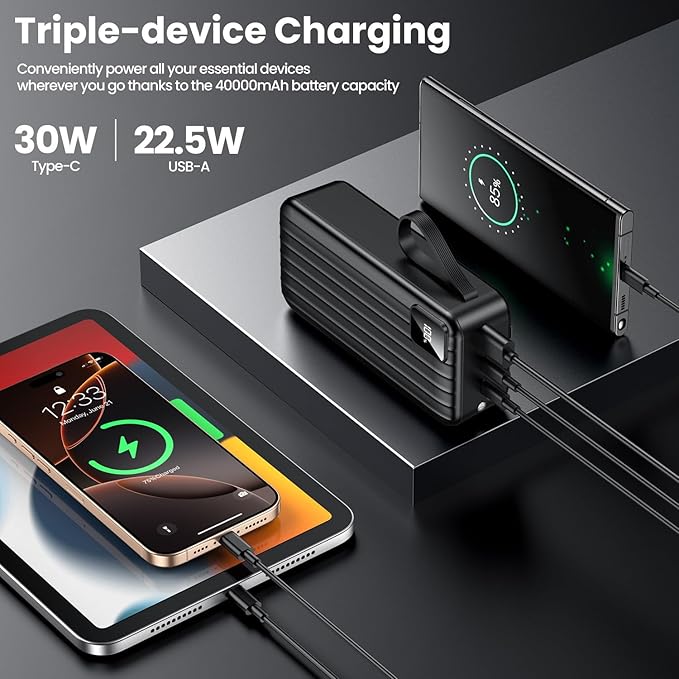 Portable Charger 50000mAh Power Bank with 2 Built-in Cable,22.5W Fast Charging External Battery Pack,LED Display USB-C Portable Cell Phone Charger for iPhone 16/15/14/13 Pro,Android,Samsung Galaxy,Etc