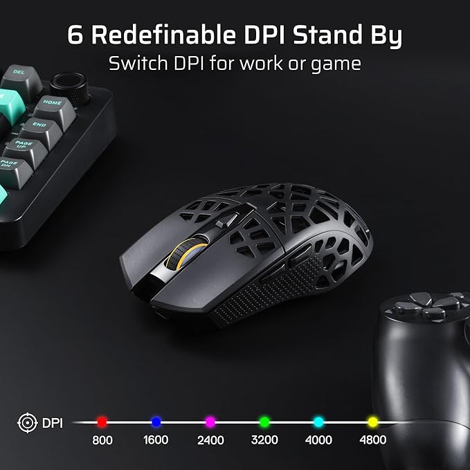 LTC GM023 Tri-Mode Wireless Gaming Mouse, 79g Ultra-Light Honeycomb Ergonomic Gaming Mouse, 2.4Ghz/BT/Wired, 6-Level DPI 4800, 6 Programmable Buttons, Pro Software