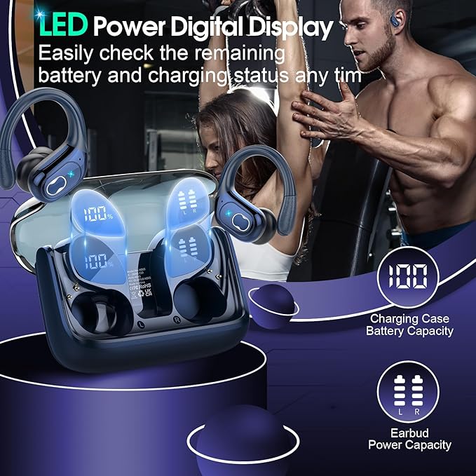 Wireless Earbuds 75hrs Bluetooth 5.4 Headphone Sport, 2025 Bluetooth Earbuds Stereo Deep Bass Over Ear Bud with Earhooks, ENC Noise Cancelling Mic, IPX7 Waterproof Earphone, Royal Blue