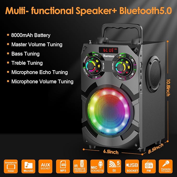 60W Bluetooth Speaker, Party Speakers Wireless with 8000mAh Battery & Subwoofer, Bluetooth 5.0, Deep Bass, 2.1 Surround Sound & Phone Stand for Home, Outdoor, Camping (Black)