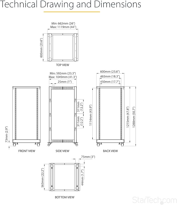 StarTech.com 4-Post 25U Mobile Open Frame Server Rack, 19in Network Rack with Wheels, Rolling Rack for Computer/AV/Data/IT Equipment - Casters, Leveling Feet or Floor Mounting (4POSTRACK25U)