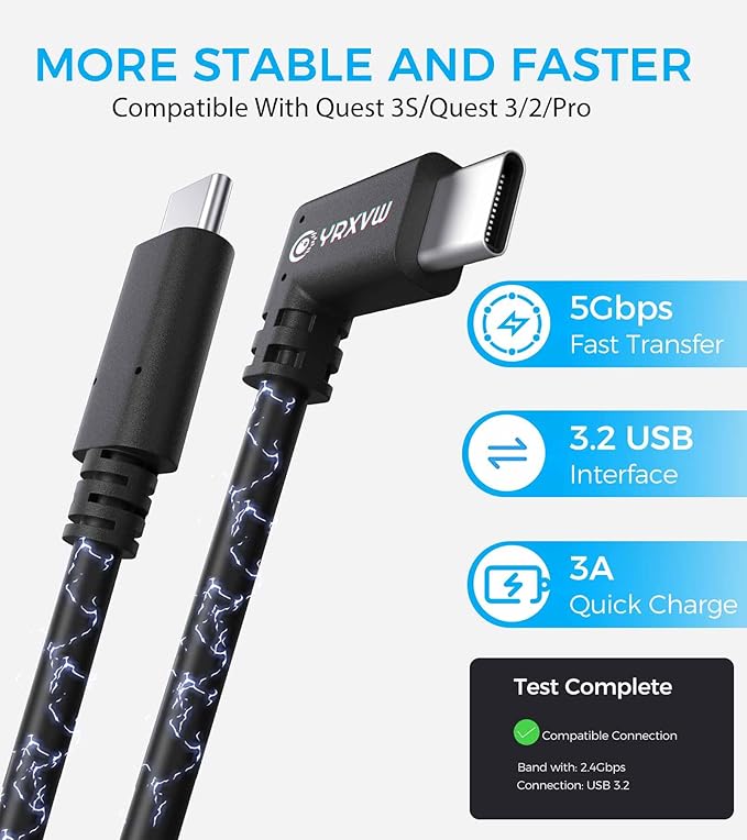 Link Cable 16FT for Meta/Oculus Quest 3S/Quest 3/Quest 2/Pro Accessories, High Speed Data Transfer Type C Replacement Charging Cable,Fast Charger USB C to USB C 3.0 Cord for VR Headset(16FT)