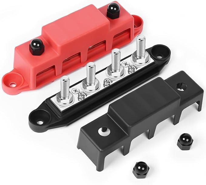 Bus Bar 12v Power Distribution Block 250A Bus Bar with 4 x 5/16" Studs Marine Battery Busbars Terminal Ground Distribution Block with Cover for Automotive, Boat, Car, Solar Wiring (Pair, Red & Black)