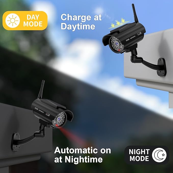 WALI Dummy Fake Camera, Solar Powered Fake Security Camera with LED Light, Simulated Surveillance Security CCTV Dome Cameras with Antenna and Warning Sticker Indoor Outdoor (SOL-TCB4), 4 Packs, Black