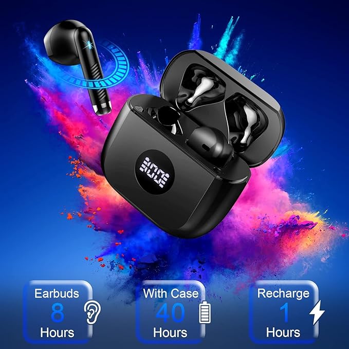 Wireless Bluetooth 5.4 Earbuds, Ear Buds LED Power Display Headphones 6D Stereo, Bluetooth Earbuds in-Ear Noise Cancelling Mic, 40H Playback Mini Case IP7 Waterproof Sports Earphones for Android iOS