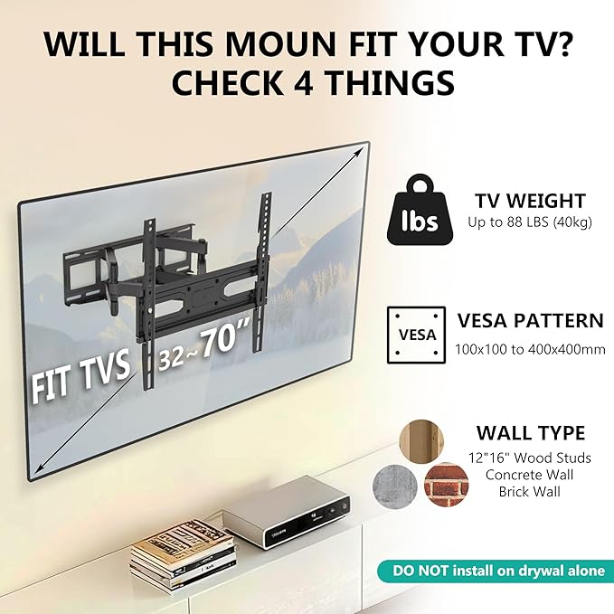 WALI Full Motion TV Wall Mount for 32–70 Inch TVs – Heavy Duty Dual Articulating Mount with Swivel, Tilt & Extension | VESA up to 400x400mm | Fits 12/16" Wood Studs | Holds Up to 88 lbs