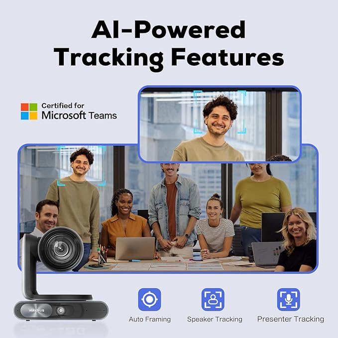 4K Dual-Eye PTZ Camera, 12x Optical and 16x Digital Zoom, Auto Focus, Noise Reduction, AI-Powered Tracking, 3-Mics 20ft Voice Pick-up Range, Works with Microsoft Teams & Zoom & Google Meet (UC P30)