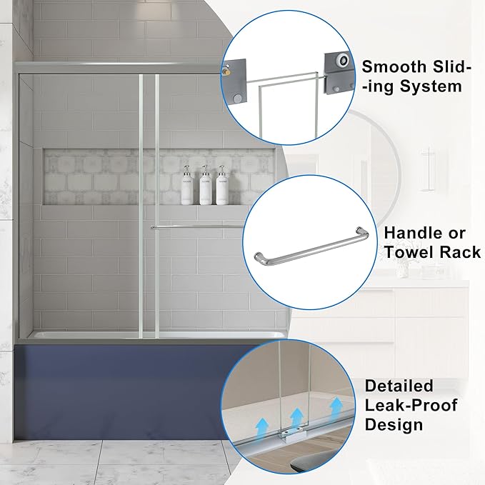 56-60" W x 62" H Tub Shower Door Bathroom Double Sliding Shower Door 5/16"(8mm) Thick Tempered Glass Shower Door with Stainless Steel Handle for Bathtub, Brushed Silver