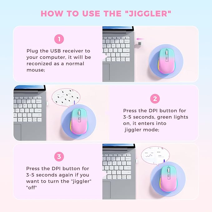 Wireless Mouse Jiggler - LED Wireless Mice with Build-in Mouse Jiggler Mover, Rechargeable Moving Mouse for Computer with Undetectable Random Movement Keeps Computer Awake - Gradient Pink