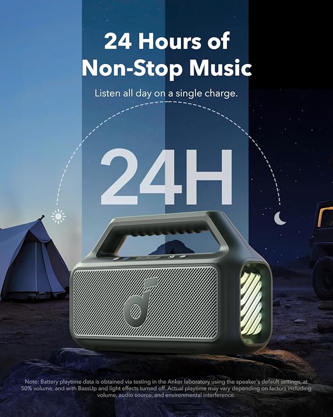 soundcore Boom 2 By Anker, Outdoor Speaker, 80W, Subwoofer, BassUp 2.0, 24H Playtime, IPX7 Waterproof, Floatable, RGB Lights, USB-C, Custom EQ, Bluetooth 5.3, Portable for Camping, Beach, and Backyard